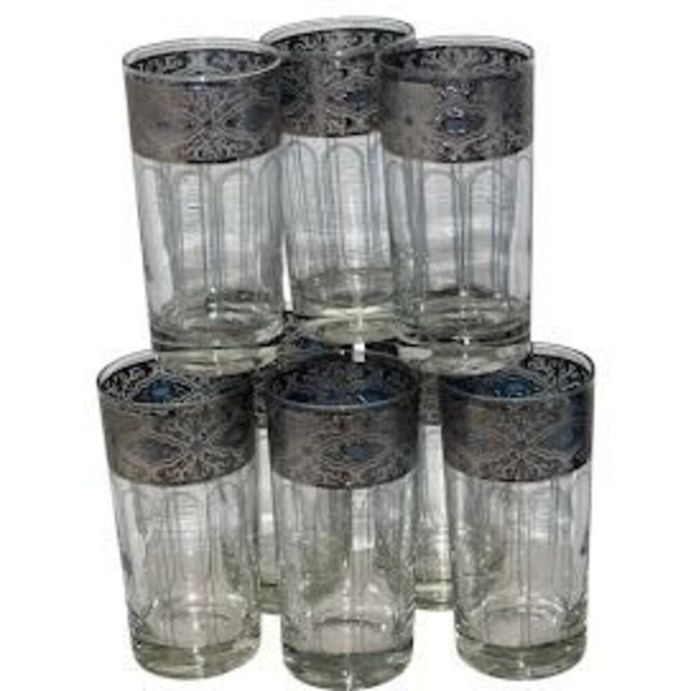 Vintage MCM Culver Sorrento Silver Band Teal Lattice Hiball Glasses Set of 8